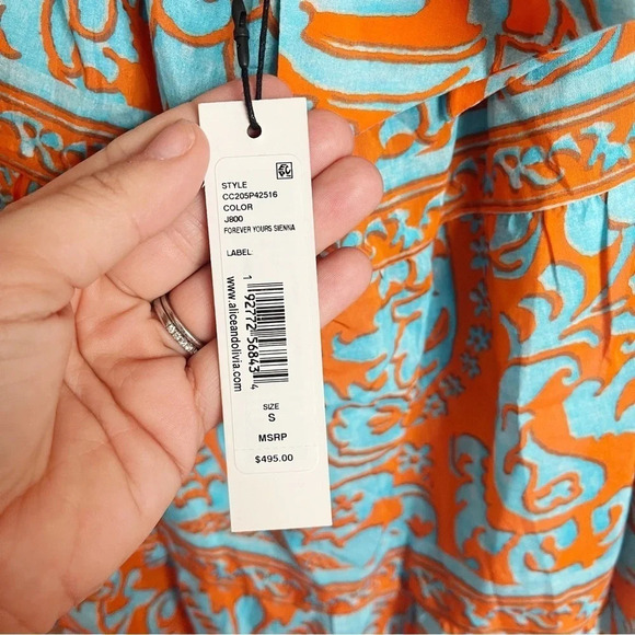 Alice + Olivia Rowen Tiered Long-Sleeve Tie Back Babydoll Dress Orange Blue NWT - Picture 7 of 7